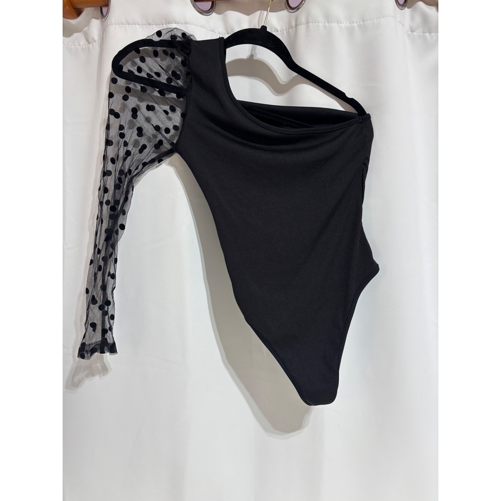 SHEIN One Shoulder Bodysuit‎ Womens XS Black Excellent Mesh Polka Dot Sleeve